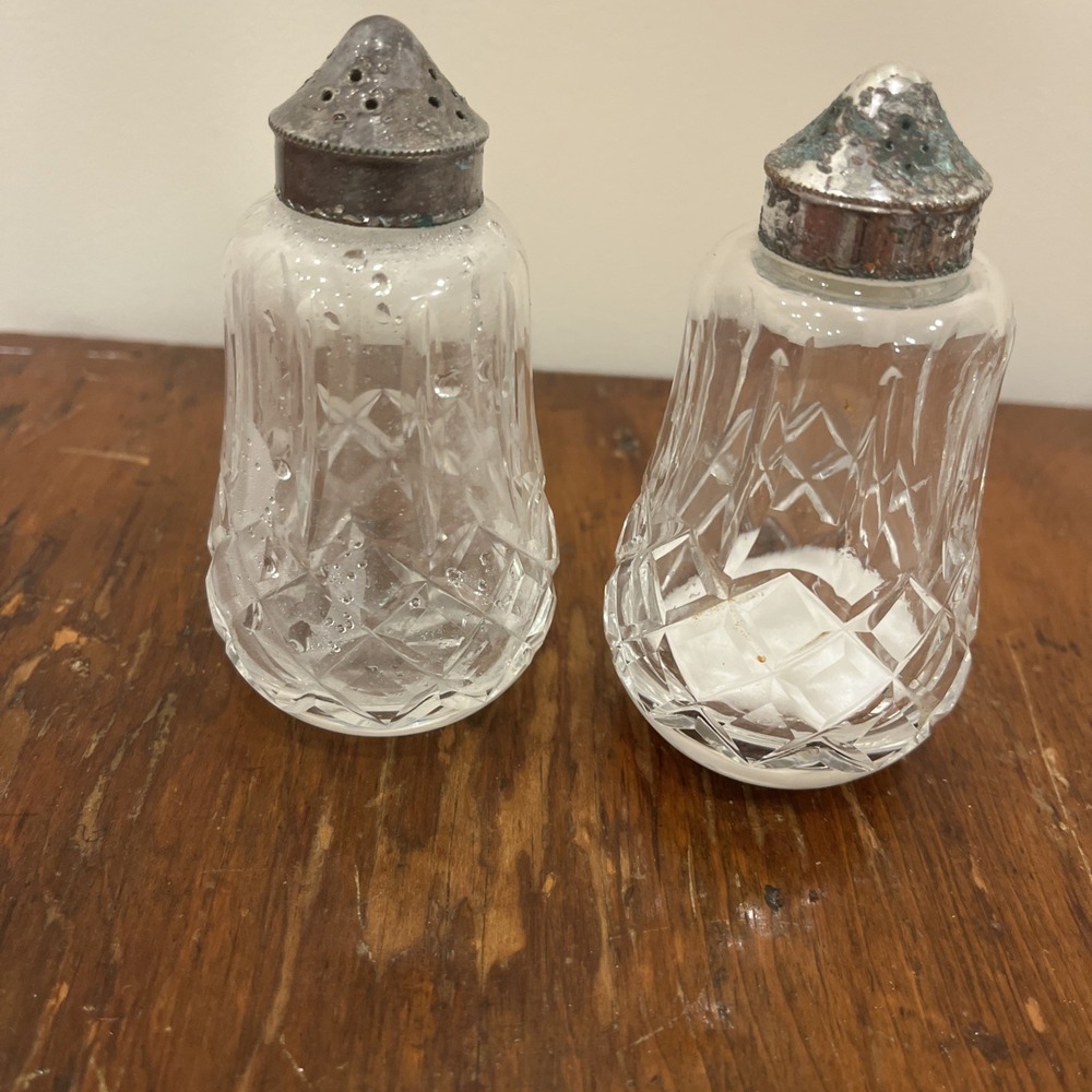 Pair of WATERFORD Lismore Crystal Salt & Pepper Shakers EPNS Metal Tops *project